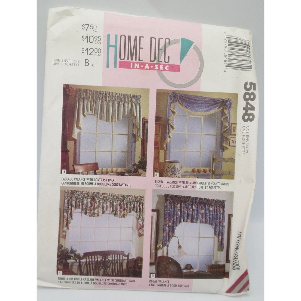 McCall's 5848 Valance Window Treatments Home Decor Multi-Size 1990s